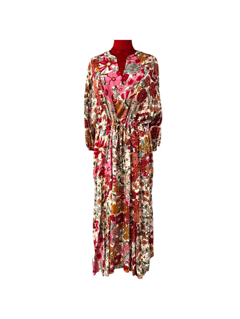 Entro Midi Dress L multicolor floral pink tan soft drawstring waist Boho cottage